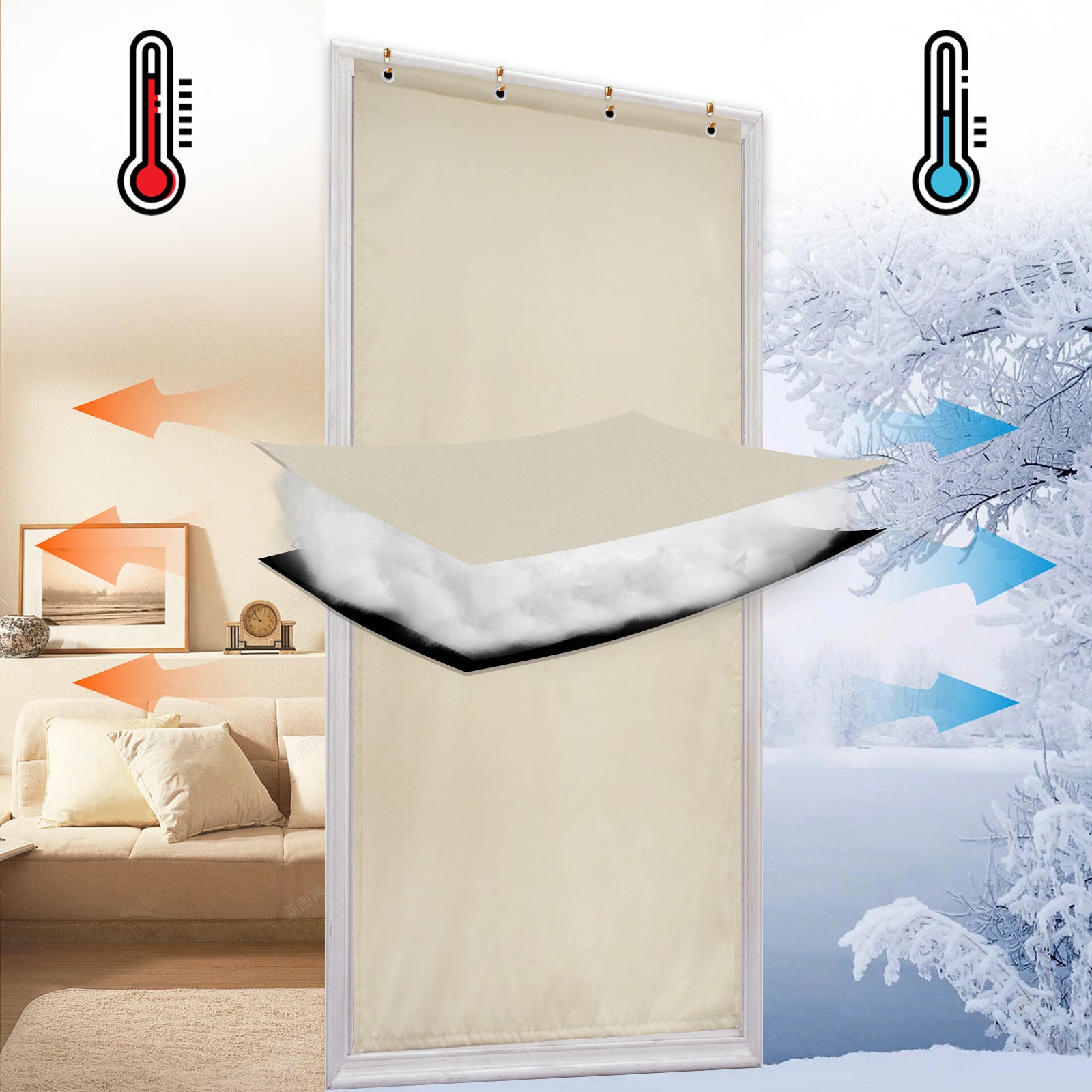 Beige Thermal Insulated Vinyl Magnetic Door Curtain Screen Door Waterproof Double Slide